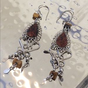 Vintage Silver Tone Brown Dangle Earrings‎ with Brown Stones